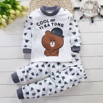 Toddler Kid Boys Print Blue Hat Bear Pajamas Sleepwear Set Long Sleeves Cotton Pjs