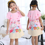 Kid Girls Print Love Rabbit Short Sleeves Sleepwear Dresses