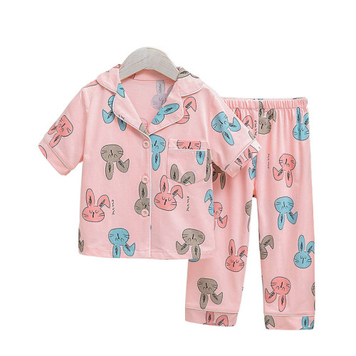 Toddler Kids Girl Rabbit Summer Short Sleeves And Long Pants Sleepwear Set Cotton Pjs