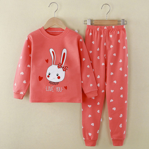 Toddler Girl Kids Prints Hearts Rabbit Long Sleeves Pajamas Cotton Sleepwear Set