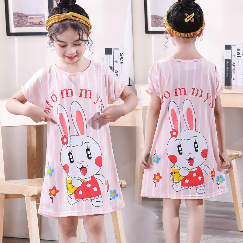 Kid Girls Print Stripe Rabbit Short Sleeves Sleepwear Dresses