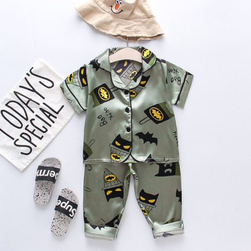 Toddler Kids Boy Print Bat Short Sleeves Pajamas Rayon Silk Sleepwear Set