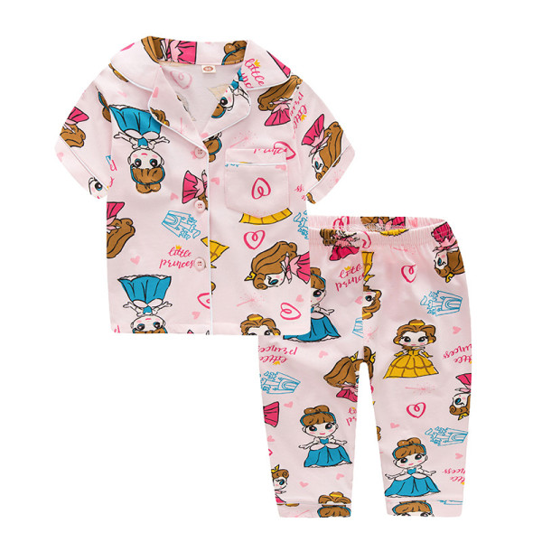 Toddler Kids Girl Princess Castle Summer Short Sleeves And Long Pants Sleepwear Set Cotton Pjs