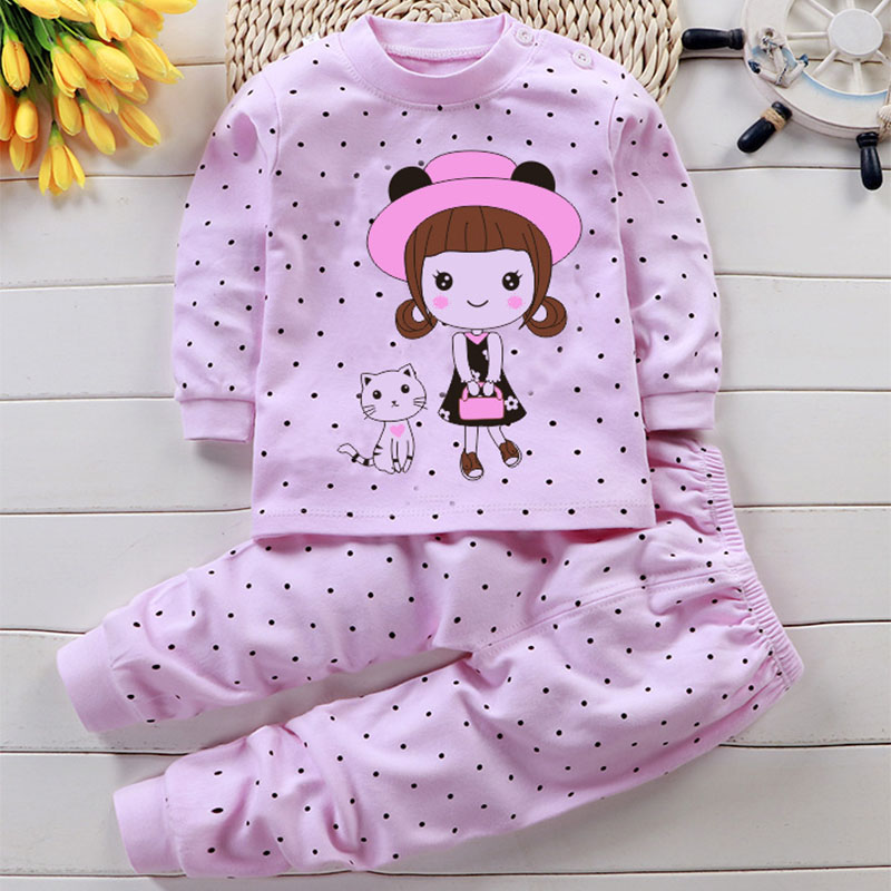 Toddler Girl Kids Prints Dot Cat Long Sleeves Pajamas Cotton Sleepwear Set