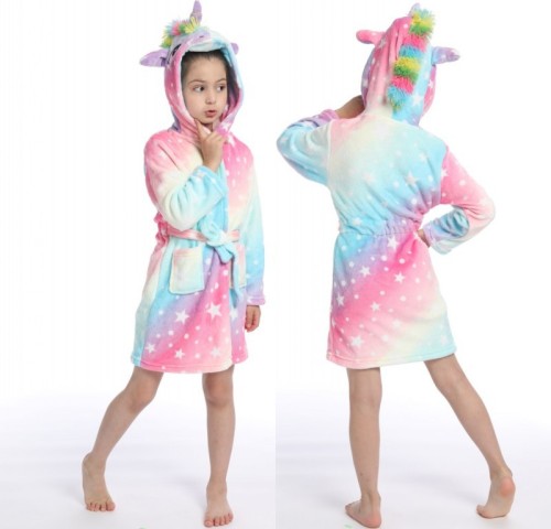 Kids Light Blue Stars Colorful Unicorn Soft Bathrobe Sleepwear Fannel Comfortable Loungewear