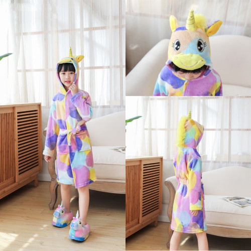 Kids 3 Colorful Circles Unicorn Soft Bathrobe Sleepwear Fannel Comfortable Loungewear