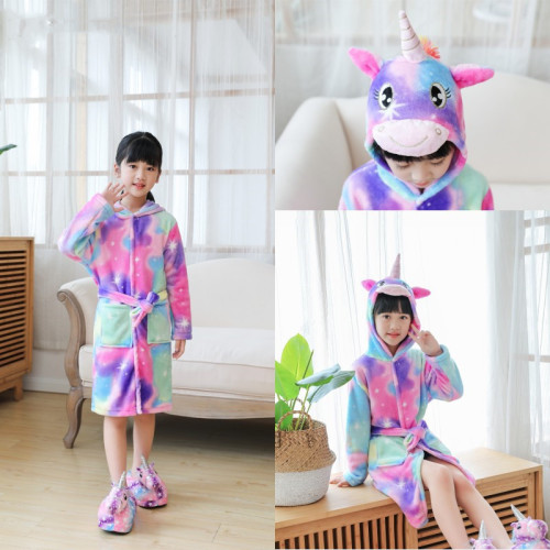 Kid Rainbow Stars Unicorn Soft Bathrobe Sleepwear Fannel Comfortable Loungewear