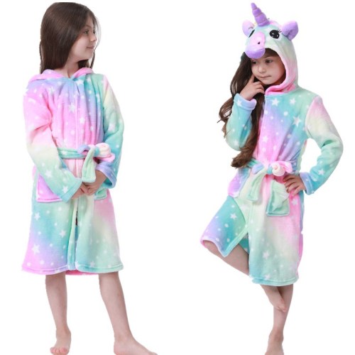 Kid Green Pink Stars Unicorn Soft Bathrobe Sleepwear Fannel Comfortable Loungewear