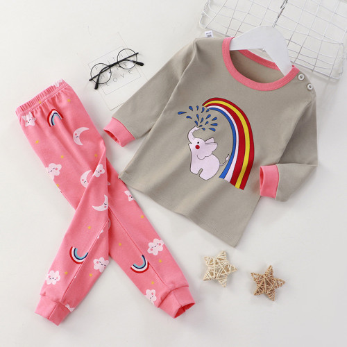 Toddler Girl Print Rainbow Elephant Pajamas Sleepwear Long Sleeve Tee & Leggings 2 Pieces Sets