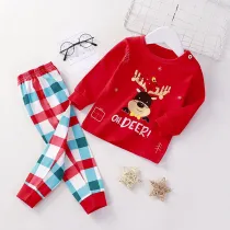 Toddler Kid Boys Print Cute Deer Christmas Pajamas Sleepwear Set Long Sleeves Cotton Pjs