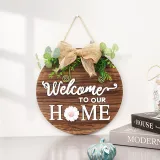 Holiday Interchangeable Seasonal Welcome Sign Round Wood Wreaths Hanging Door Wall Decoration