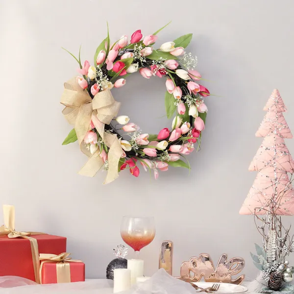Easter Pink Artificial Tulip Wreath Chic Style Rattan Tulip Wreath