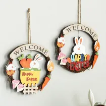 Easter Wooden Rabbit Wreath Welcome Sign Garland with Eggs