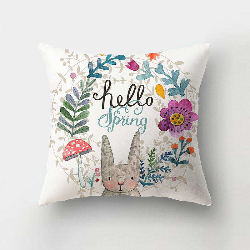 Easter Theme Pillow Covers Colorful Flower Birds Easter Eggs Slogan Pillow Cushion Cover