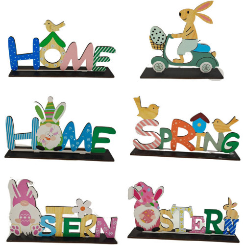Easter Color Gnome Bunny Spring Home Slogan Wooden Craft Ornaments With Base
