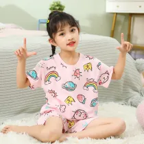 Toddler Kids Girl Rainbow Strawberry Cat Summer Short Pajamas Sleepwear Set Cotton Pjs