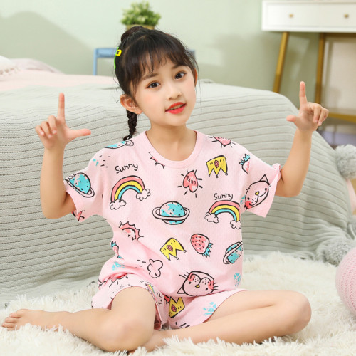 Toddler Kids Girl Rainbow Strawberry Cat Summer Short Pajamas Sleepwear Set Cotton Pjs