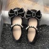Toddler Girl Pearl Crystal Diamond Bowknot PU Leather Flat Dress Shoes