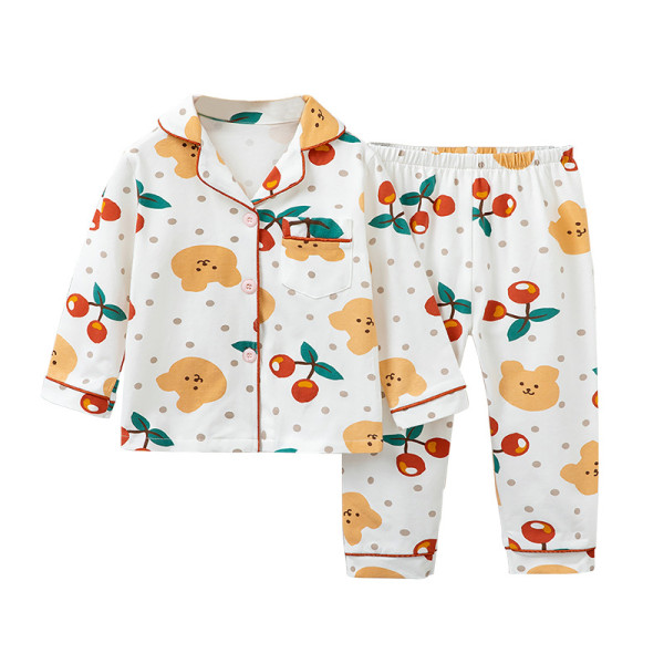 Toddler Kids Girl Prints Cherry Bear Long Sleeves Pajamas Cotton Sleepwear Set