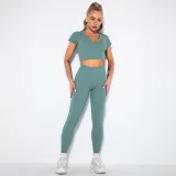 Women 2 Piece Seamless Sport Short Sleeves High Waist Yoga Leggings Sets