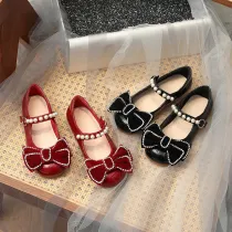 Toddler Girl Pearl Crystal Diamond Bowknot PU Leather Flat Dress Shoes