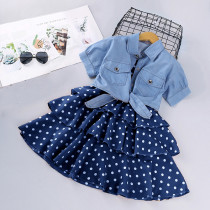 Toddler Girls  2PCS Polka Dots Denim Coat Sling Dress Set