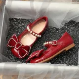 Toddler Girl Pearl Crystal Diamond Bowknot PU Leather Flat Dress Shoes