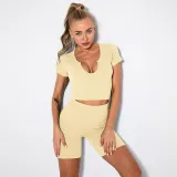 Women Ribbed Short Sleeve High Waist Running Shorts Gym Workout Yoga Sets