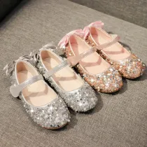 Kid Girl Pure Color Sequins Glitter Bowknot Princess Dress Shoes