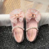 Toddler Girl Pearl Crystal Diamond Lace Bowknot PU Leather Flat Dress Shoes