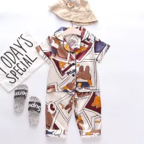 Toddler Kids Boy Print Hat Rabbit Short Sleeves Pajamas Rayon Silk Sleepwear Set