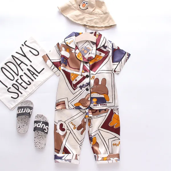 Toddler Kids Boy Print Hat Rabbit Short Sleeves Pajamas Rayon Silk Sleepwear Set
