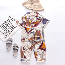 Toddler Kids Boy Print Hat Rabbit Short Sleeves Pajamas Rayon Silk Sleepwear Set