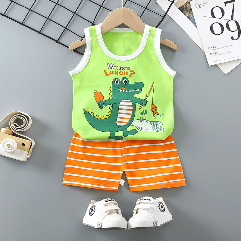 Toddler Kids Boy Dinosaur Fishing Summer Vest Tops and Short Pant Sleepwear Set Cotton Pjs