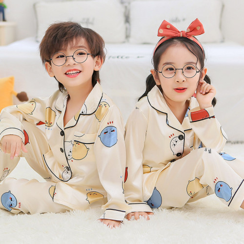 Toddler Kids Girl Cute Chicken Long Sleeves Pajamas Rayon Silk Sleepwear Set
