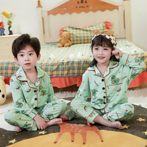 Toddler Kids Boy Prints Rainbow Dinosaur Long Sleeves Pajamas Rayon Silk Sleepwear Sets