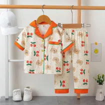Toddler Kids Girl Cherry Bear Summer Short Sleeves And Long Pants Sleepwear Set Cotton Pjs