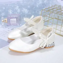 Kid Girls Pure Color Glitter Pearl Bowknot Heels Pumps Dress Shoes