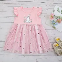 Toddler Girls Rabbit Pattern Flying Sleeves Mesh Dress