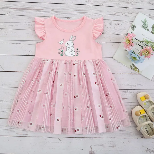 Toddler Girls Rabbit Pattern Flying Sleeves Mesh Dress
