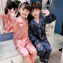 Toddler Kids Girl Cute Bear Long Sleeves Pajamas Rayon Silk Sleepwear Set