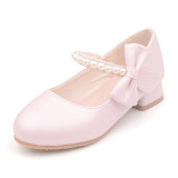 Kid Girls Pure Color Pearl Bowknot Heels Pumps Dress Shoes