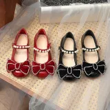 Toddler Girl Pearl Crystal Diamond Bowknot PU Leather Flat Dress Shoes