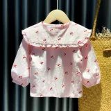 Girls Cute Cherry Pattern Lace Collar Blouse Cartoon T-shirt Tops