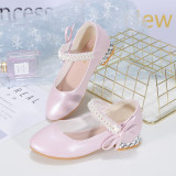 Kid Girls Pure Color Glitter Pearl Bowknot Heels Pumps Dress Shoes