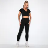 Women 2 Piece Seamless Sport Short Sleeves High Waist Yoga Leggings Sets