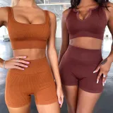 Women Ribbed Sport Bra High Waist Running Shorts Gym Workout Yoga Sets