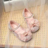 Toddler Girl Pearl Crystal Diamond Lace Bowknot PU Leather Flat Dress Shoes