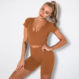 Women Ribbed Short Sleeve High Waist Running Shorts Gym Workout Yoga Sets