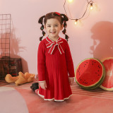 Toddler Girls Long Sleeve Bow Tie Knitted Dress
